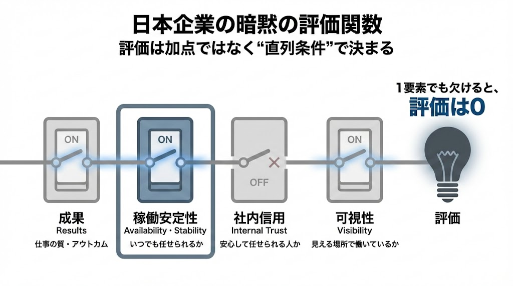 日本企業の評価が成果だけでなく稼働安定性・社内信用・可視性の直列条件で決まる構造図