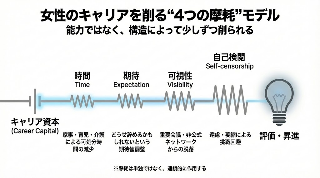 女性のキャリアが時間・期待・可視性・自己検閲によって段階的に摩耗していく構造モデル