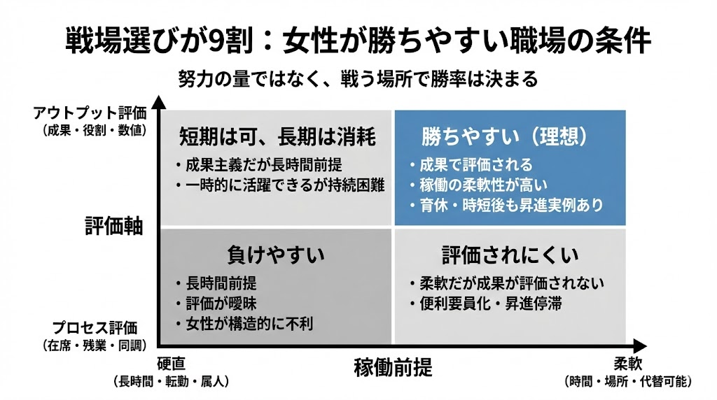 評価軸と稼働前提によって女性が勝ちやすい職場と負けやすい職場を分類したマトリクス