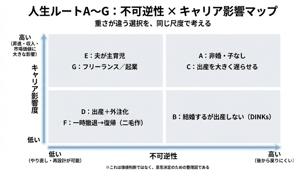 結婚や出産など人生選択の不可逆性とキャリアへの影響度を整理した意思決定マップ